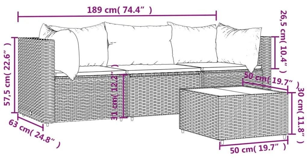 Set Mobili da Giardino 4 pz con Cuscini in Polyrattan Marrone