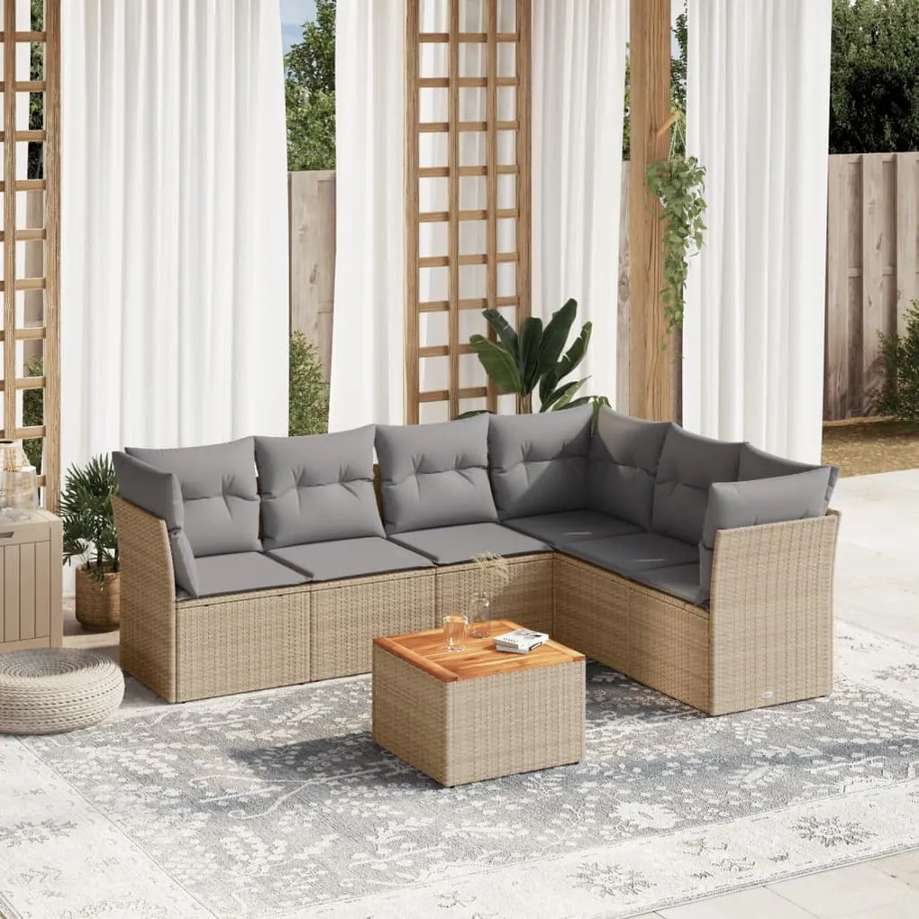 Set divano da giardino 7 pz con cuscini beige misto polyrattan