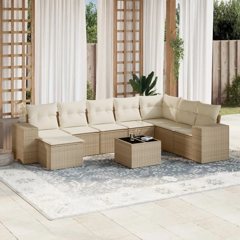 Set divano da giardino 9 pz con cuscini beige in polyrattan