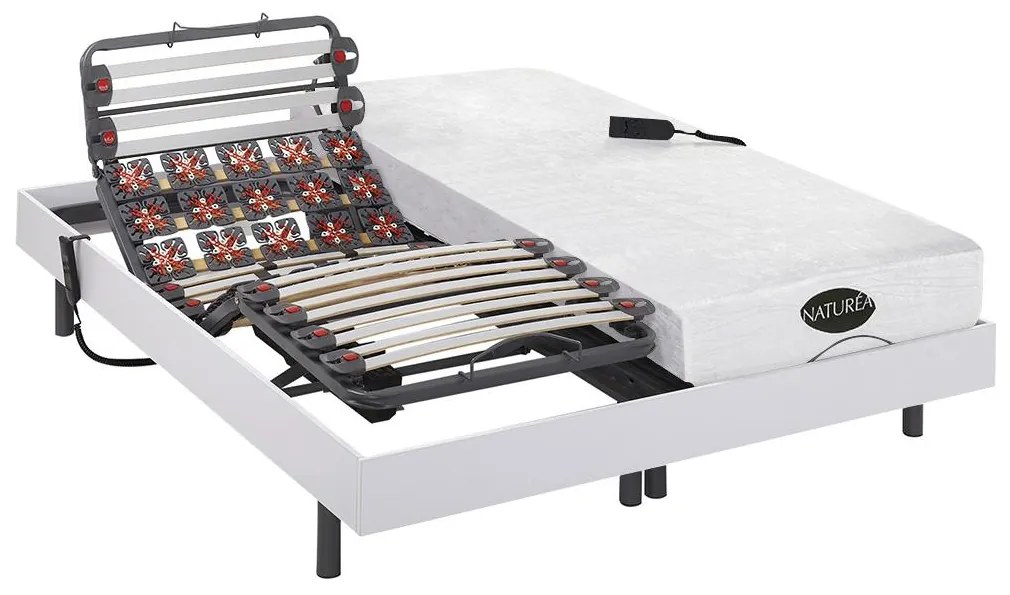 Letto relax elettrico doghe e sospensioni 2 x 80 x 200 cm materasso memory e bambù Bianco DAMYSOS di NATUREA con motori OKIN