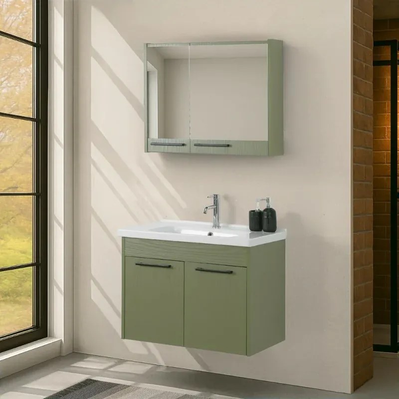 Mobile bagno sospeso 80 cm verde effetto legno con armadietto a specchio Sofia