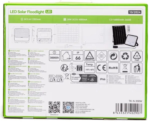 Aigostar - LED RGBW Faro solare dimmerabile LED/200W/3,4V IP66 + +TC