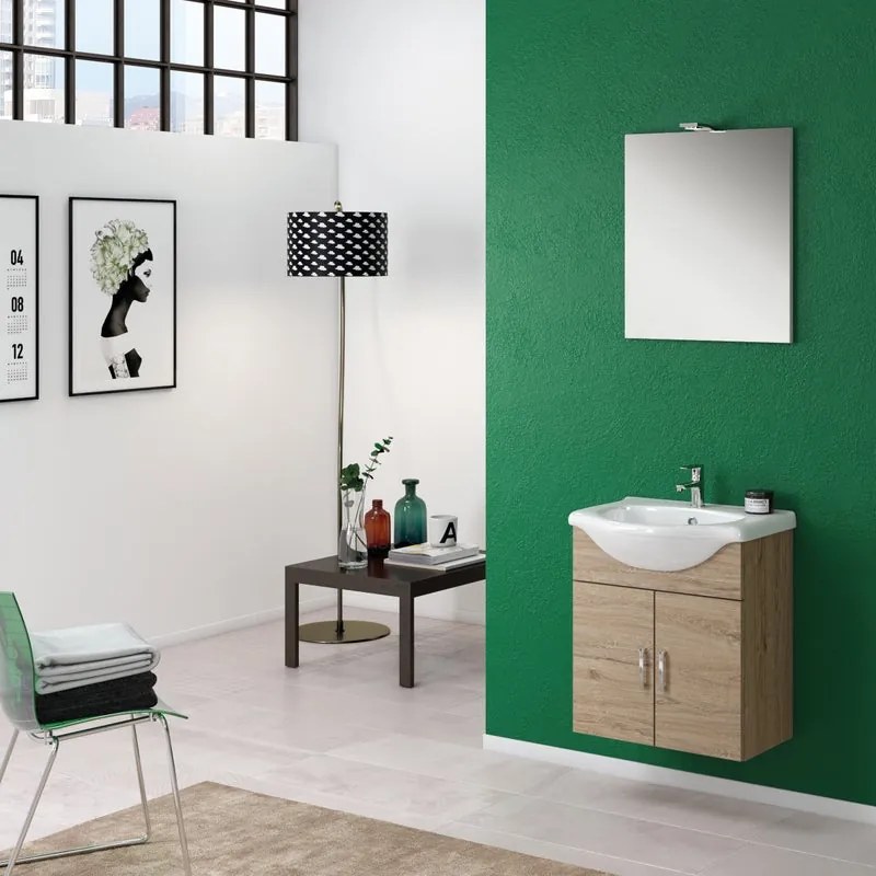 Mobile sottolavabo, lavabo e specchio con illuminazione Jolly per vasca centrale rovere nabucco L 56 x H 64 x P 43 cm, 2 ante