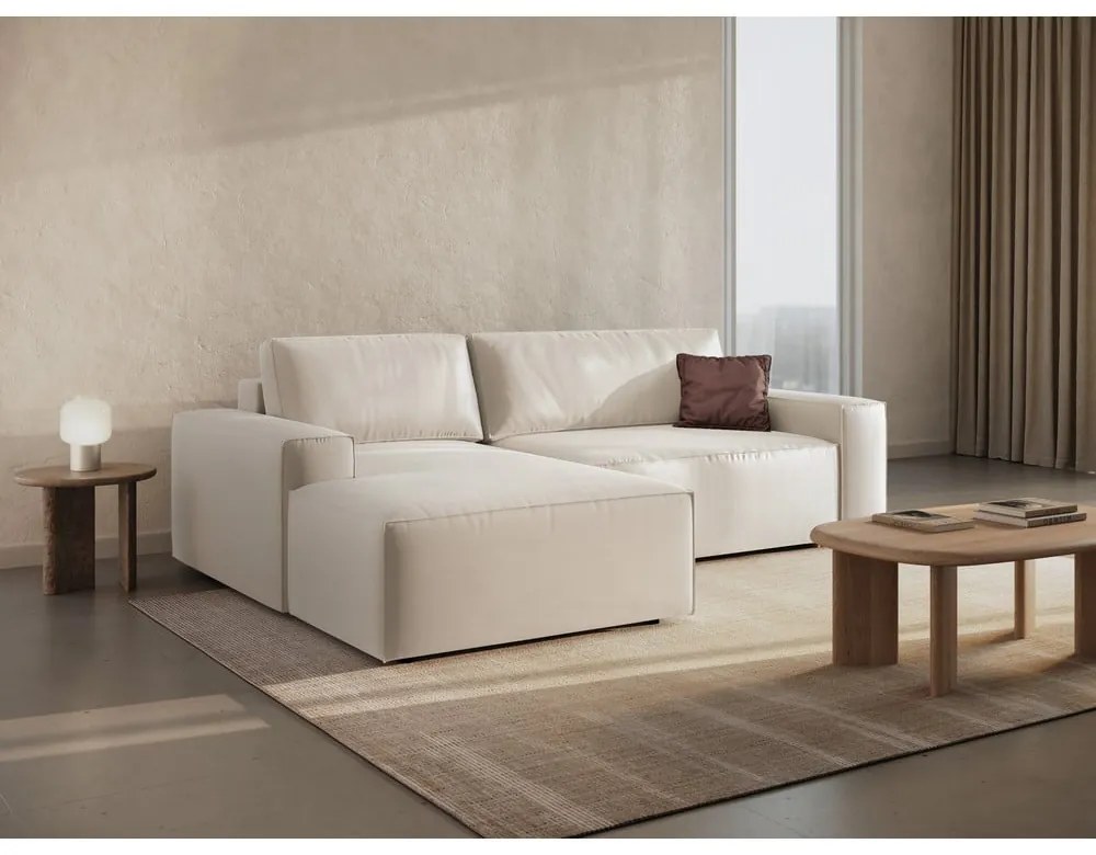 Divano angolare beige allungabile/con contenitore (con penisola a sinistra/con chaise lounge) con rivestimento in velluto Jodie – Micadoni