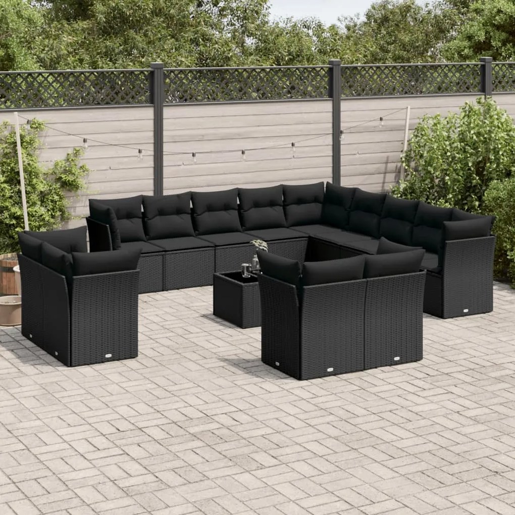 Set divani da giardino 14pz con cuscini in polyrattan nero