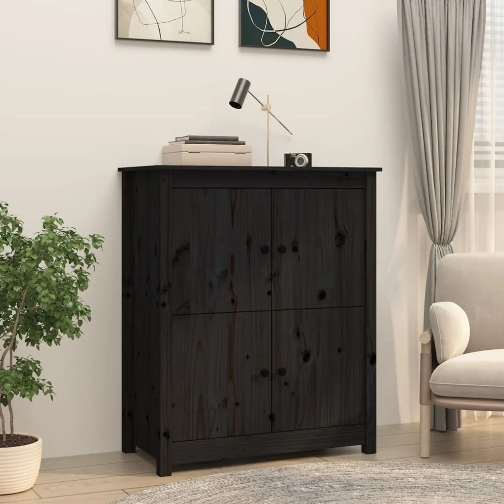 Credenza Nera 83x41,5x100 Cm İn Legno Massello Di Pino /