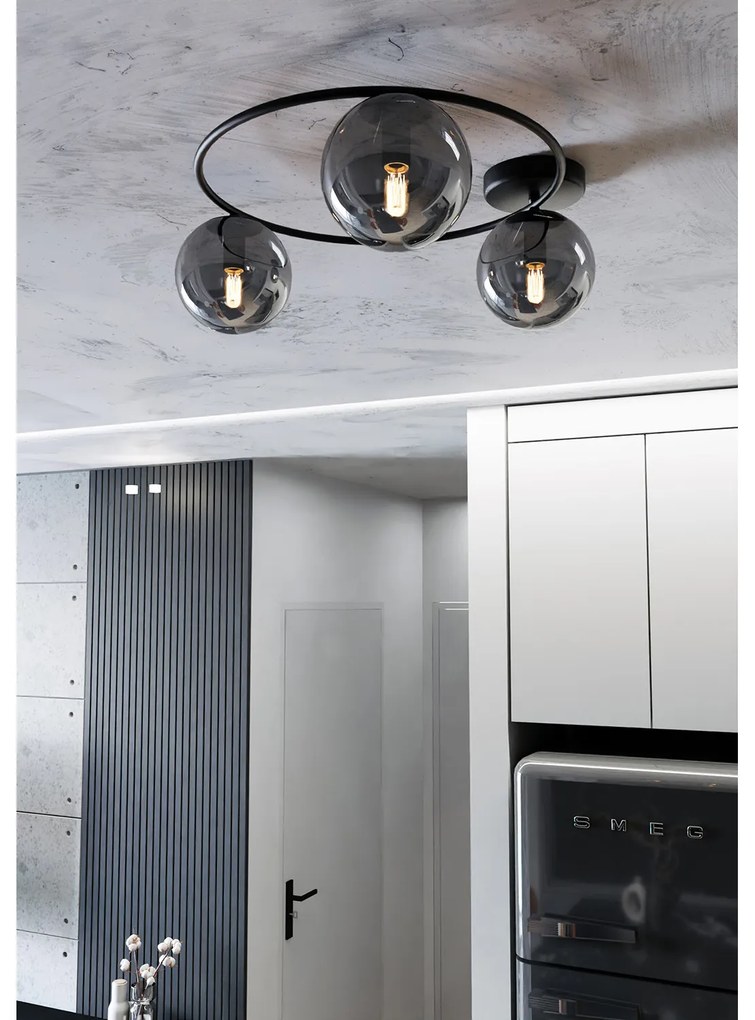 Plafoniera Minimal 3 Luci Perseo In Acciaio Nero E Sfere In Vetro Fumè
