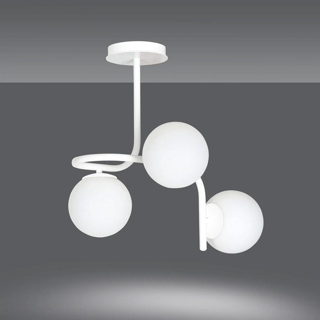 Lampadario 3 Luci Rama In Acciaio Bianco A Bracci E Sfere In Vetro Opalino
