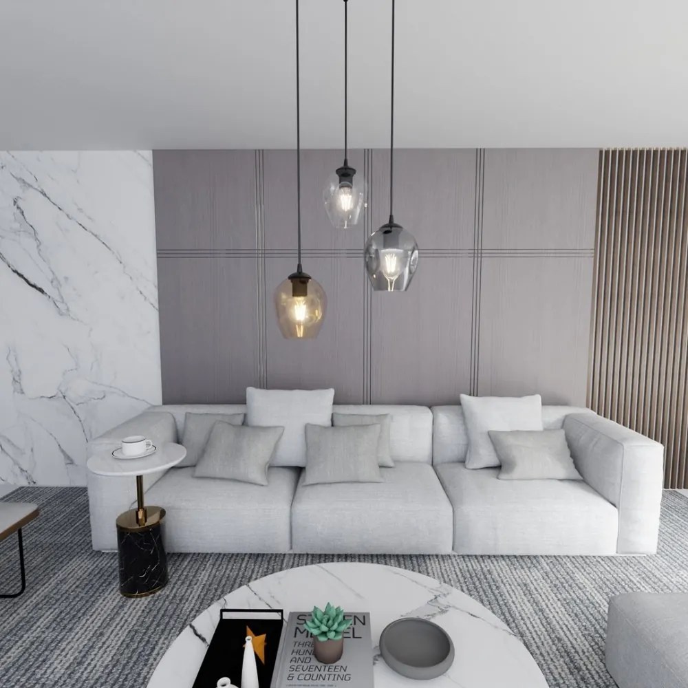 Lampadario a Sospensione in Acciaio e Vetro ISTAR 3 BL PREMIUM 3xE27 Colore delle Sfere Grafite, Trasparente, Ambrata