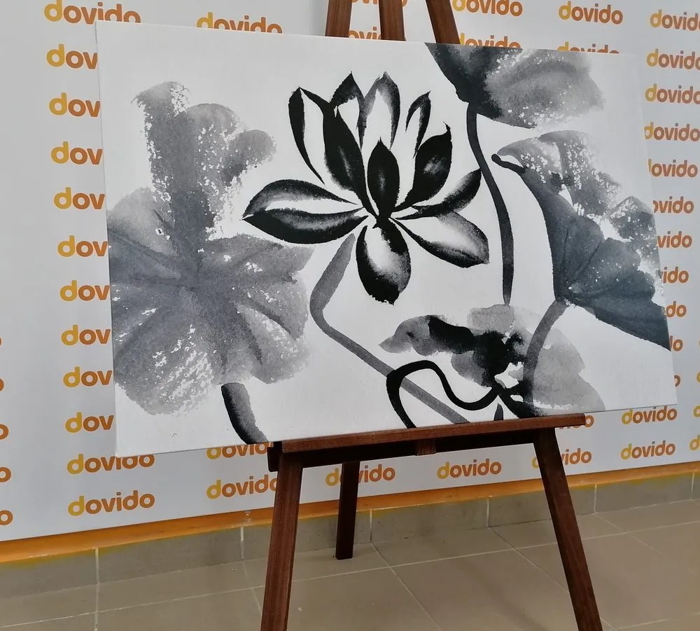 Stampa su tela – Fiore di loto acquerellato in bianco e nero
