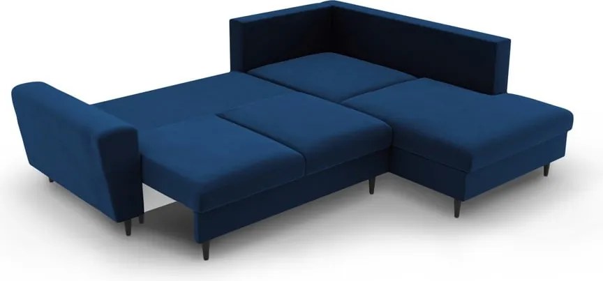 Divano angolare blu allungabile e con contenitore (con penisola a destra/a L) con rivestimento in velluto Kyoto – Cosmopolitan Design