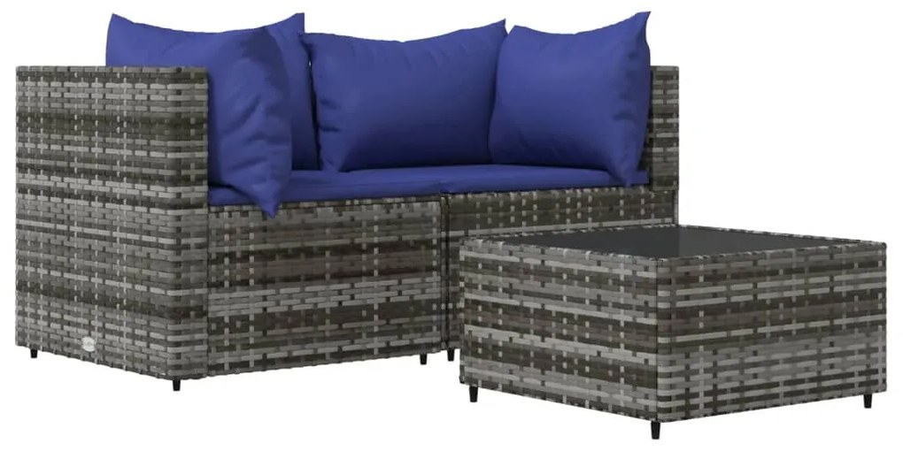 Set divani da giardino 3 pz con cuscini in polyrattan grigio