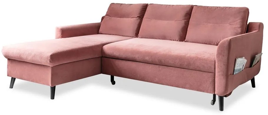 Divano letto angolare in velluto rosa, angolo sinistro Stylish Stan - Miuform