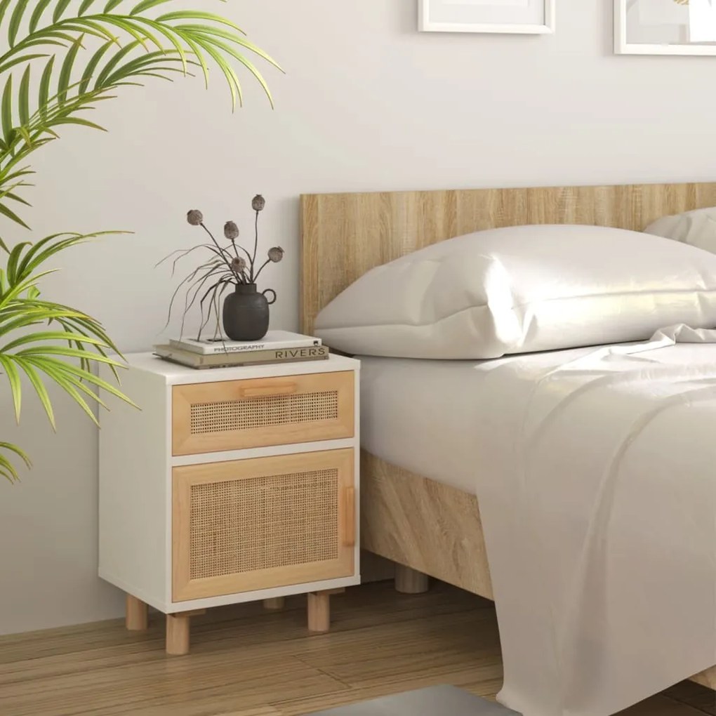 Comodini 2 pz bianchi legno massello di pino e rattan naturale