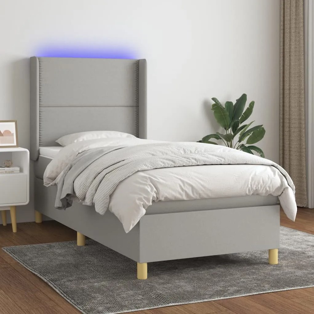 Letto a molle materasso e led grigio chiaro 90x190 cm tessuto