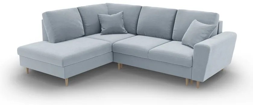 Divano angolare azzurro allungabile e con contenitore (con penisola a sinistra/a L) con rivestimento in velluto Kyoto – Cosmopolitan Design