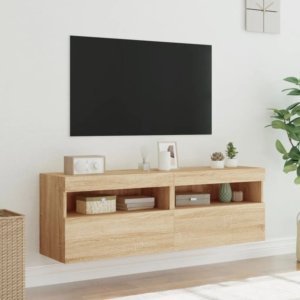 Mobili tv a parete con luci led 2pz rovere sonoma 60x30x40 cm