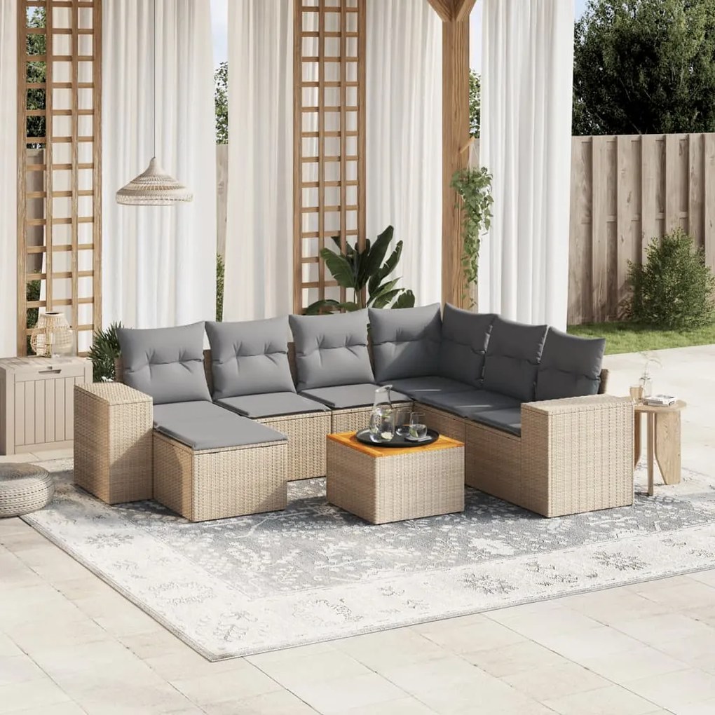 Set divano da giardino 8 pz con cuscini beige in polyrattan