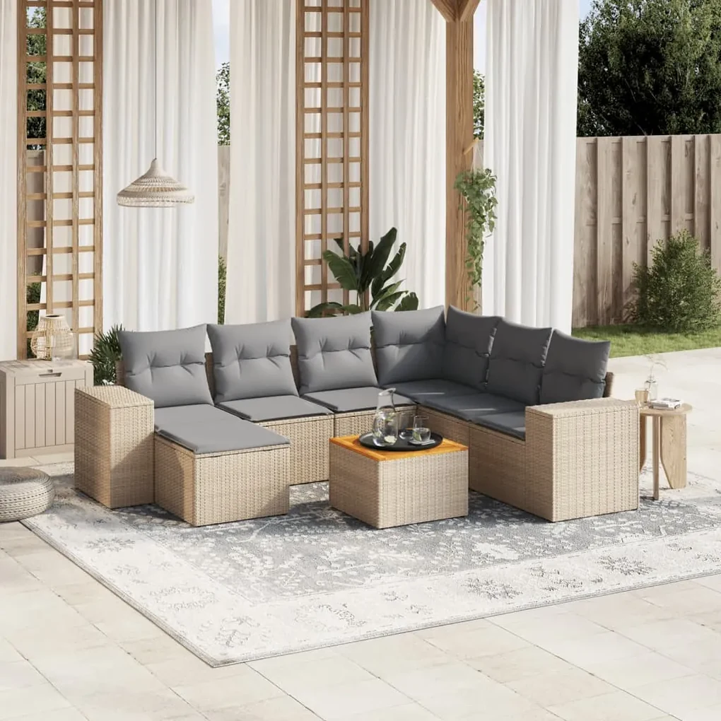 Set divano da giardino 8 pz con cuscini beige in polyrattan