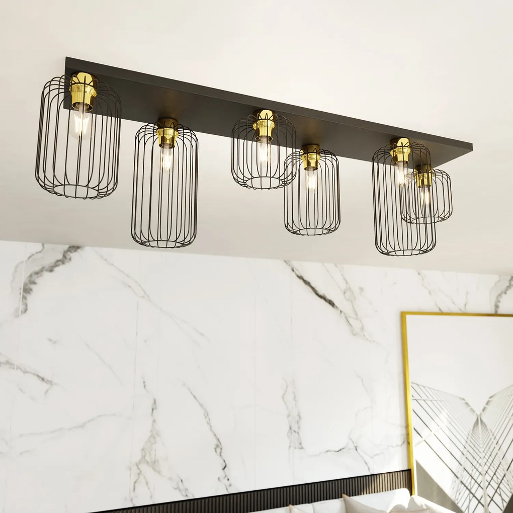 Plafonriera Minimal Industrial Vulcano 6 Luci Lineari Nera E Oro