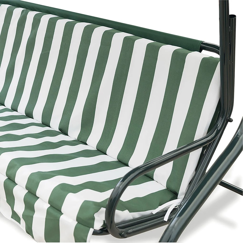 Dondolo da Giardino 3 Posti 170x110x160 cm con Tetto Parasole in Acciaio e Poliestere a Righe Verde...