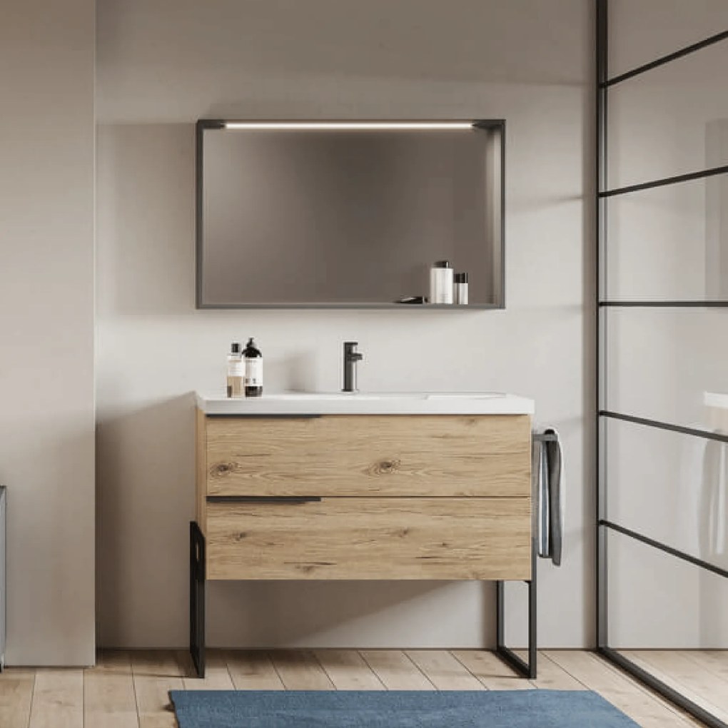 Mobile Bagno a Terra 100 Cm Due Cassetti Specchio Quadrante Con Barra Led 100x70 Cm Savini "Febe 2"