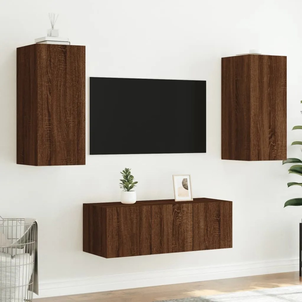 Mobili tv a muro con led 4pz rovere marrone legno multistrato