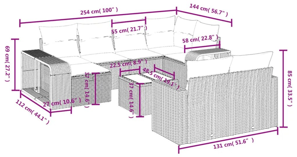 Set divani da giardino 11 pz con cuscini in polyrattan grigio