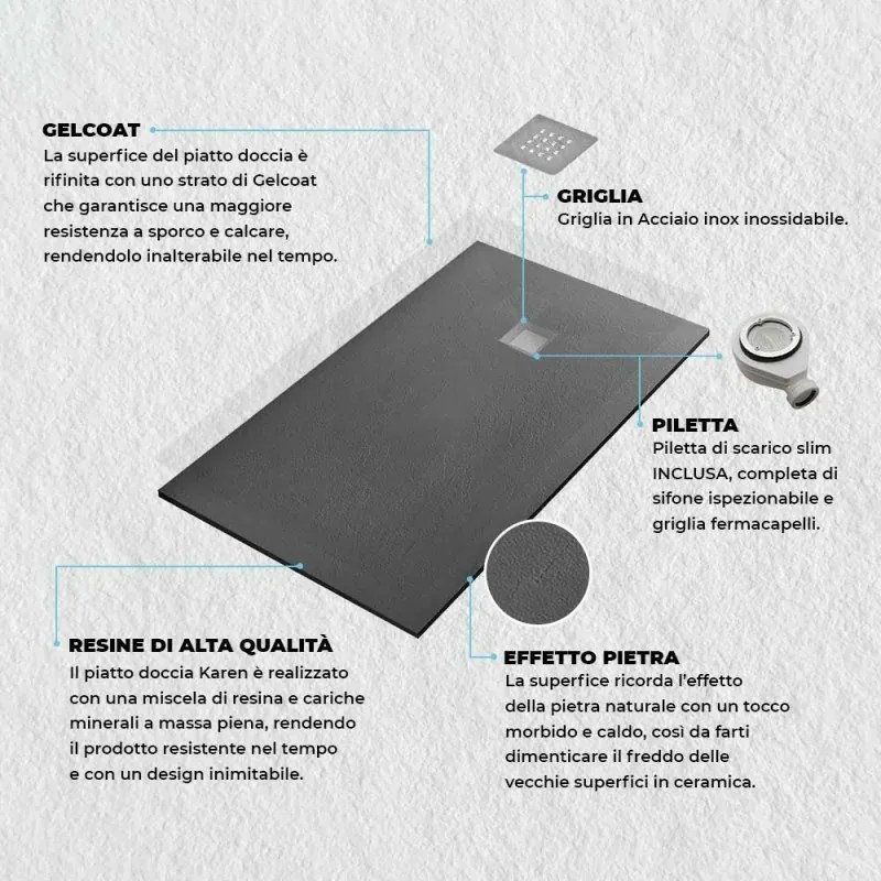 Piatto doccia 70x100 filo pavimento Karen in resina ardesia