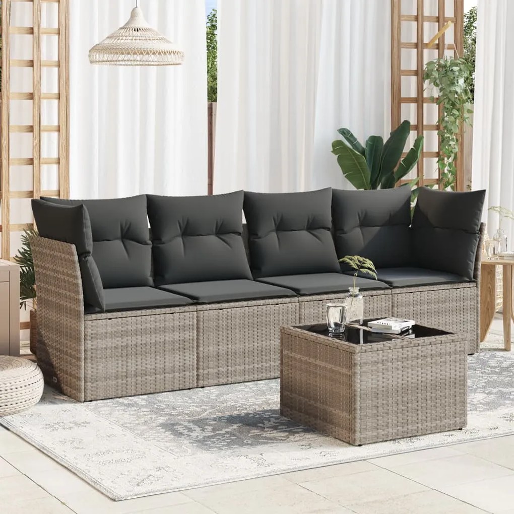 Set divano da giardino 5pz con cuscini grigio chiaro polyrattan