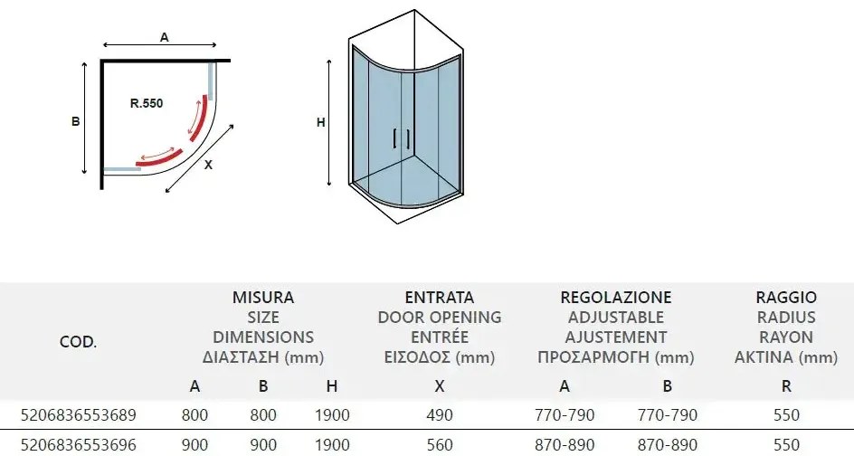 Box Doccia Semicircolare Acciaio Inox Trasparente 8mm H190