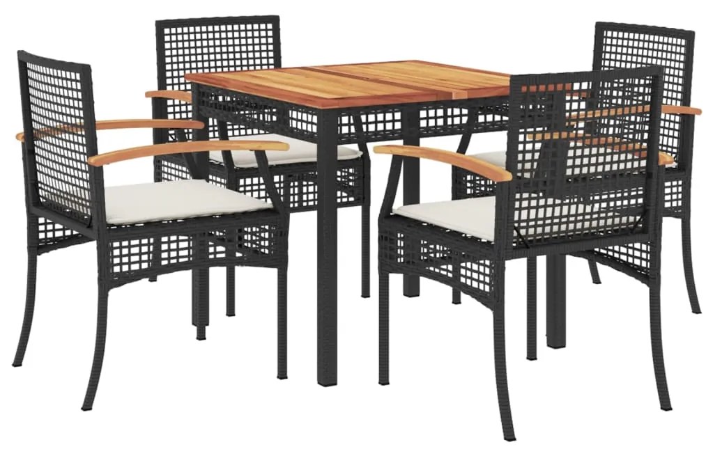 Set da pranzo da giardino 5 pz nero con cuscini in polyrattan