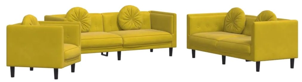 Set di divani 3 pz con cuscini giallo in velluto