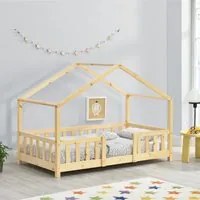 Letto per Cameretta Treviolo a Forma di Casetta 80x160 cm Legno Naturale [en.casa]