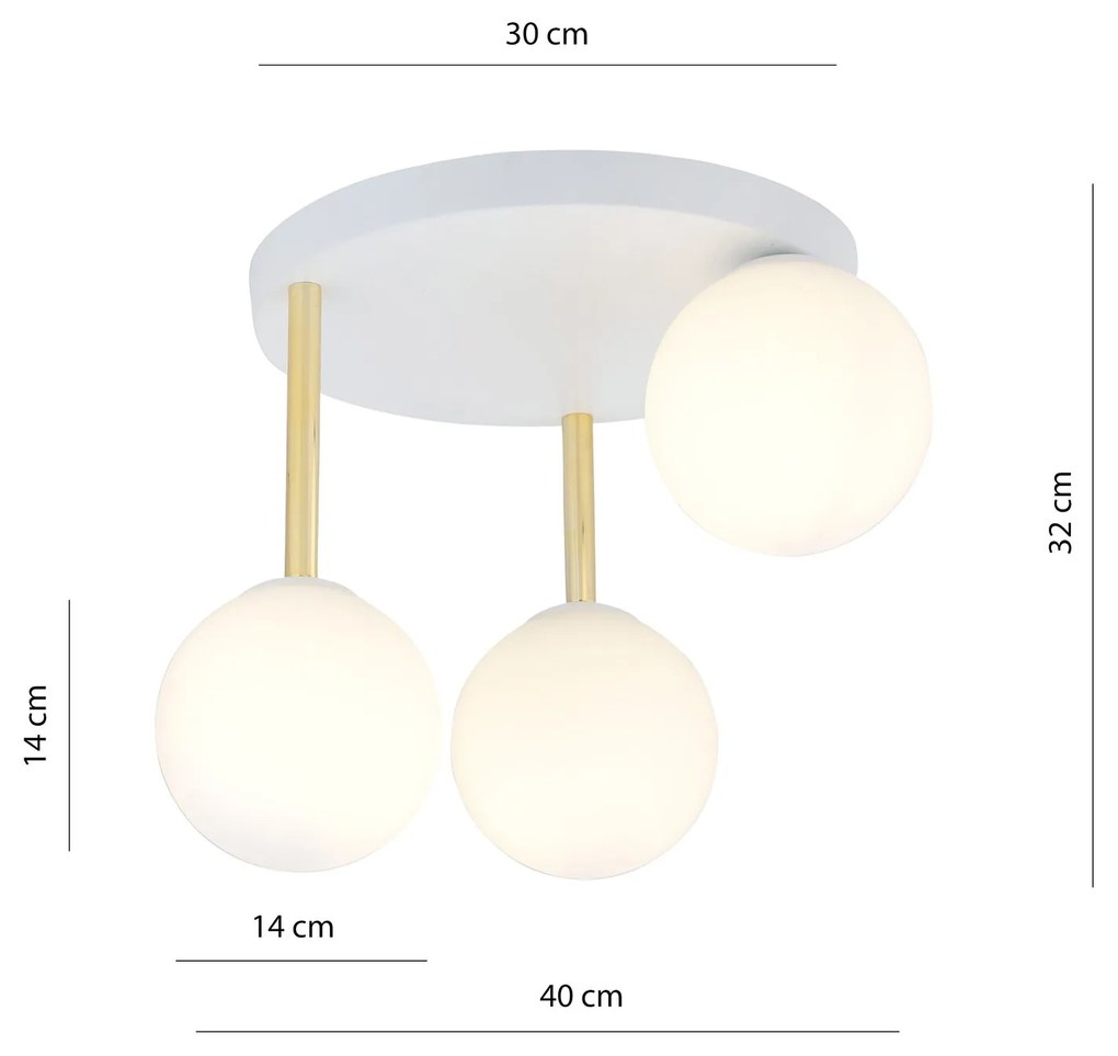 Plafoniera Contemporanea 3 Luci Dolce In Acciaio Bianco Oro E Sfere Vetro Bianco