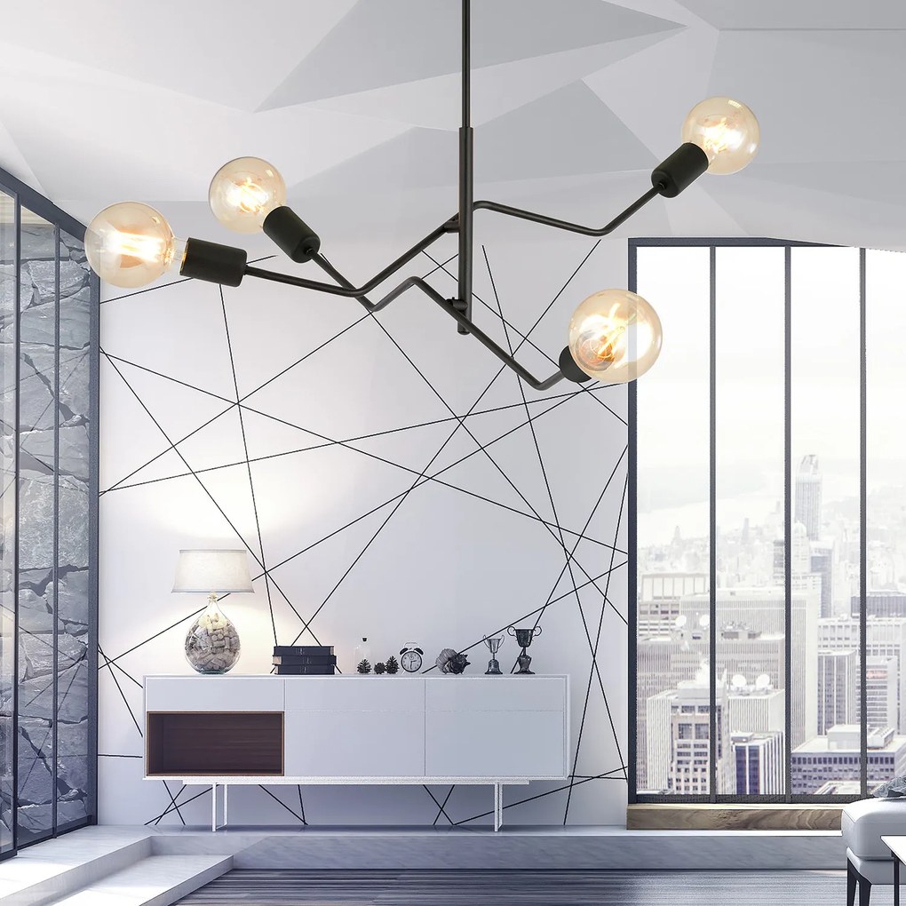 Sospensione Industrial 4 Luci Febe In Acciaio Nero E Bracci Regolabili