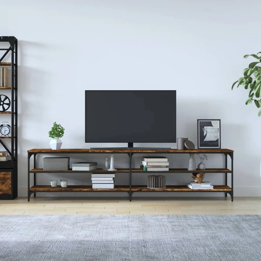 Mobile tv rovere fumo 200x30x50 cm legno multistrato e metallo