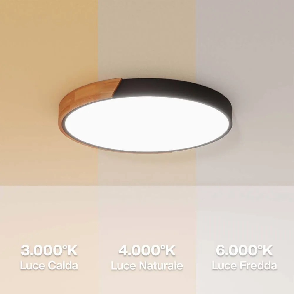 Plafoniera LED Rotonda 36W CCT, Ø500mm, Legno/Nero Colore Bianco Variabile CCT