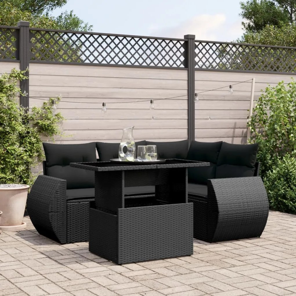 Set divani da giardino 5 pz con cuscini in polyrattan nero