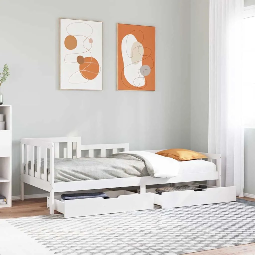 Dormeuse Con Cassetti Bianco 90x200 Cm Legno Massello Di Pino /