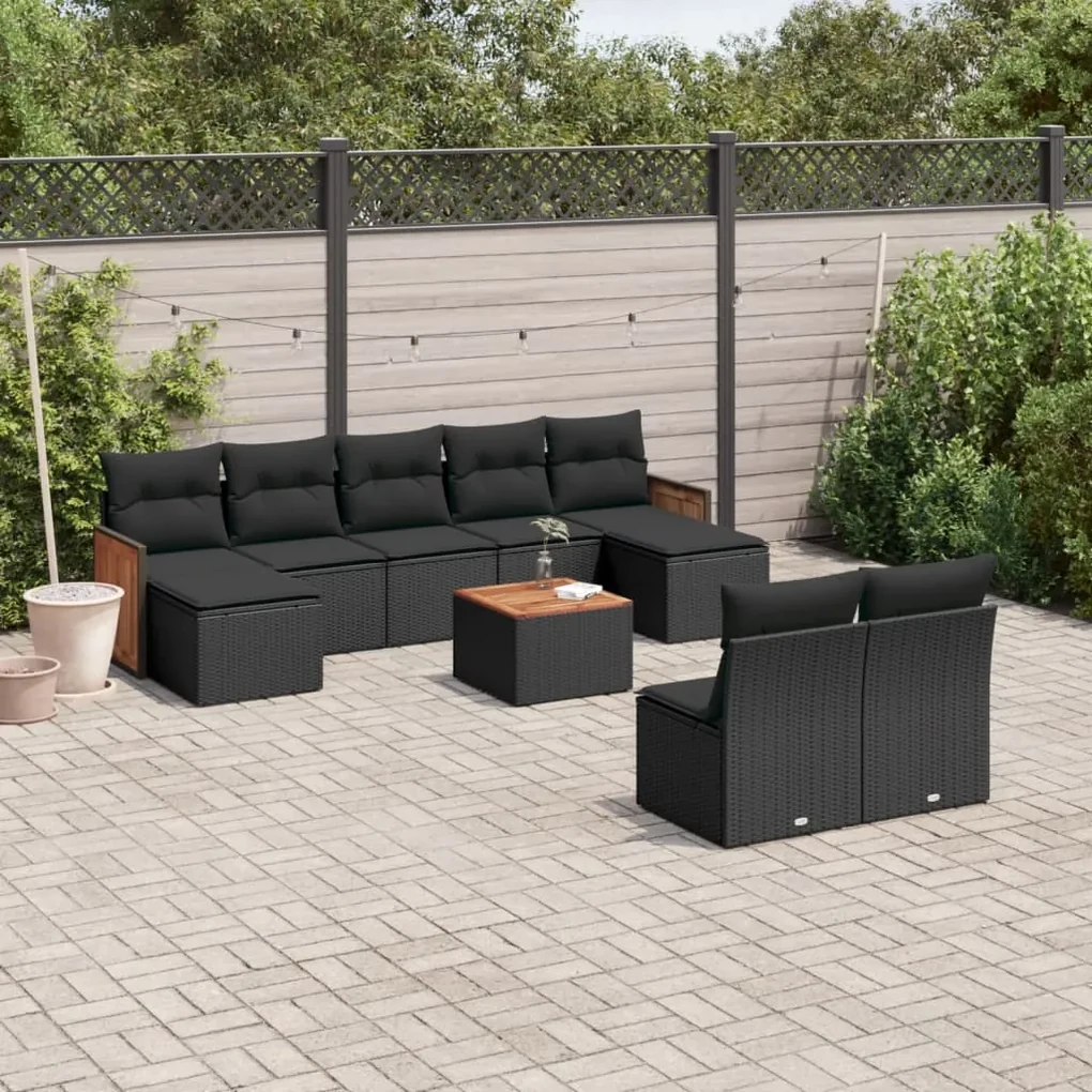 Set divani da giardino 10pz con cuscini in polyrattan nero