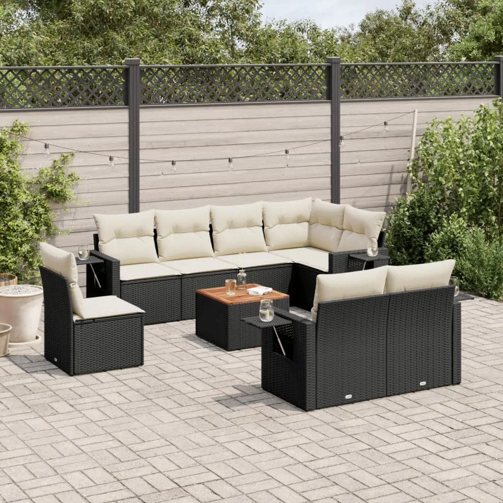 Set Divani da Giardino 9 pz con Cuscini Nero in Polyrattan