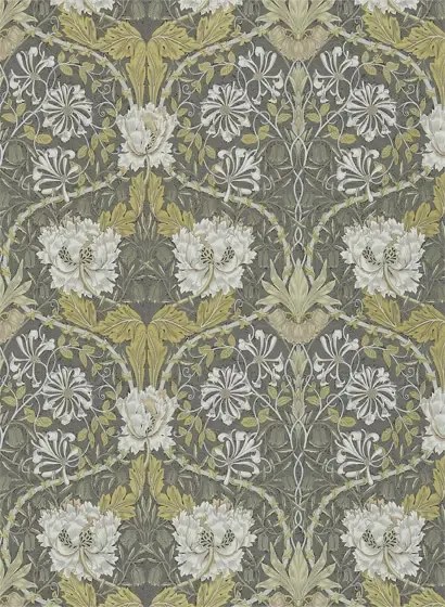 Morris & Co Carta da parati Honeysuckle & Tulip - Charcoal/ Gold