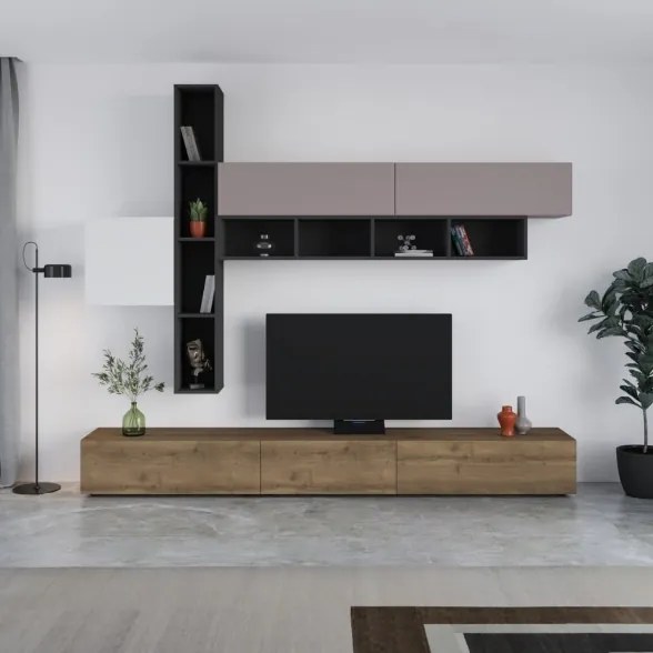 Parete Attrezzata Salotto 275 Cm Con Pensili E Vani Fashion Bianco Moka E Antracite