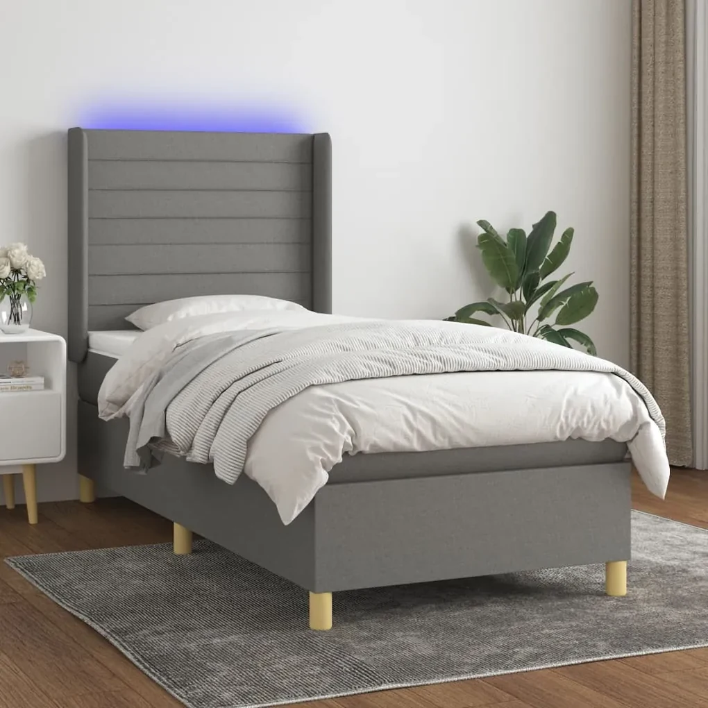 Letto a molle materasso e led grigio scuro 90x190 cm in tessuto