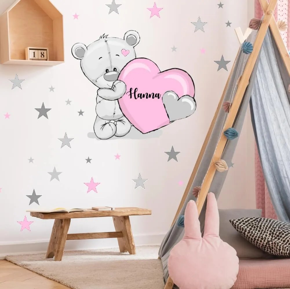 Adesivo da parete - Orso con stelle in rosa | Inspio