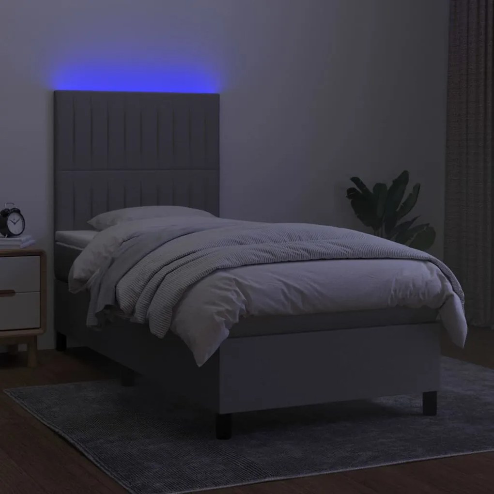 Letto a molle materasso e led grigio chiaro 80x200 cm tessuto