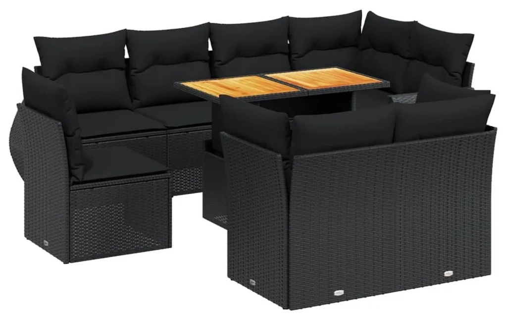 Set divani da giardino 9 pz con cuscini nero in polyrattan