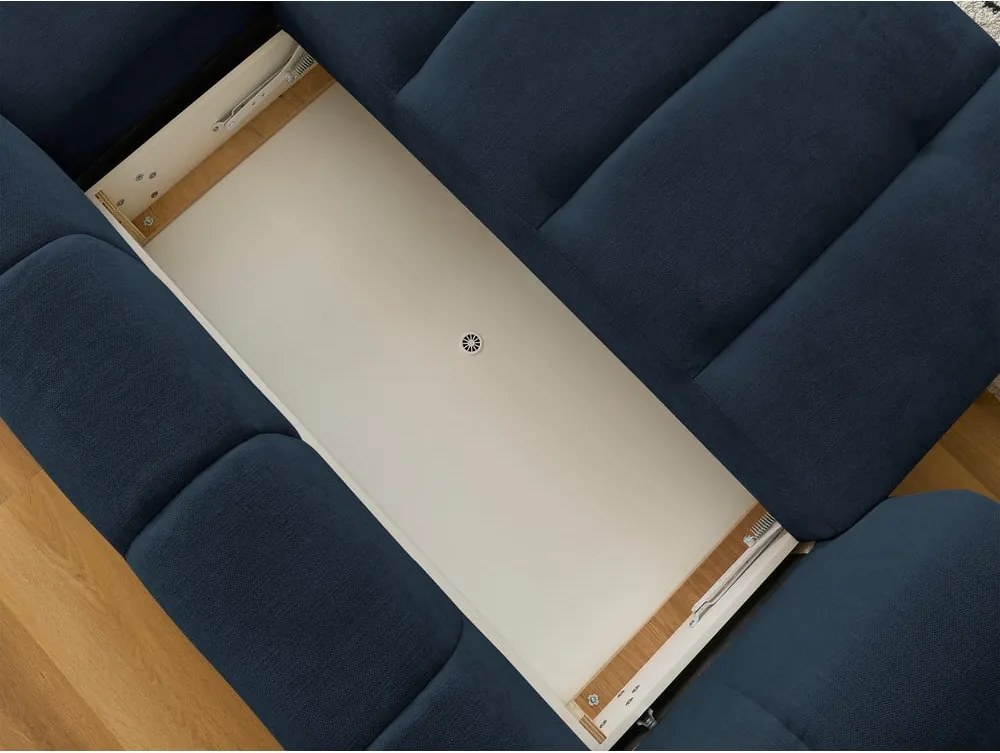 Divano angolare blu scuro allungabile e con contenitore (penisola a destra/chaise lounge) con rivestimento in ciniglia Fuji – Bobochic Paris