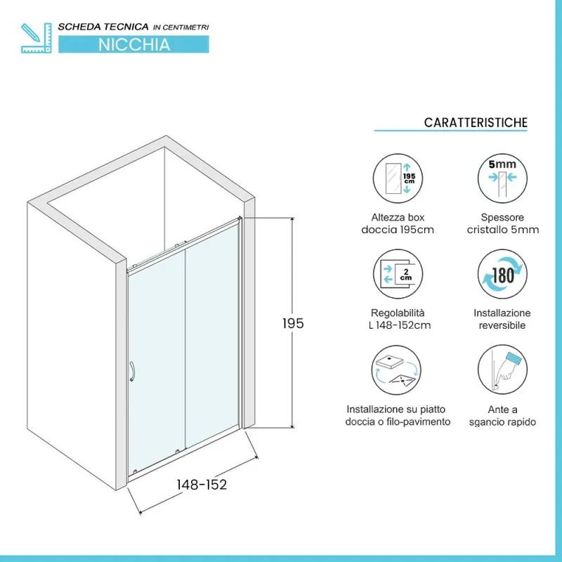 Porta doccia nicchia 150 cm scorrevole trasparente con profilo cromo   Tay
